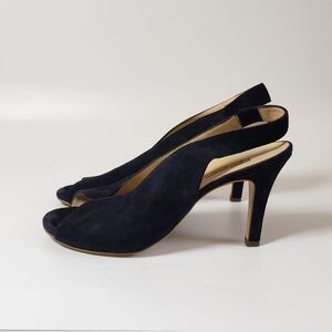 Paul Green Avanti Peep Toe Slingback Navy Blue Suede Heel Sandal Size 5.5
